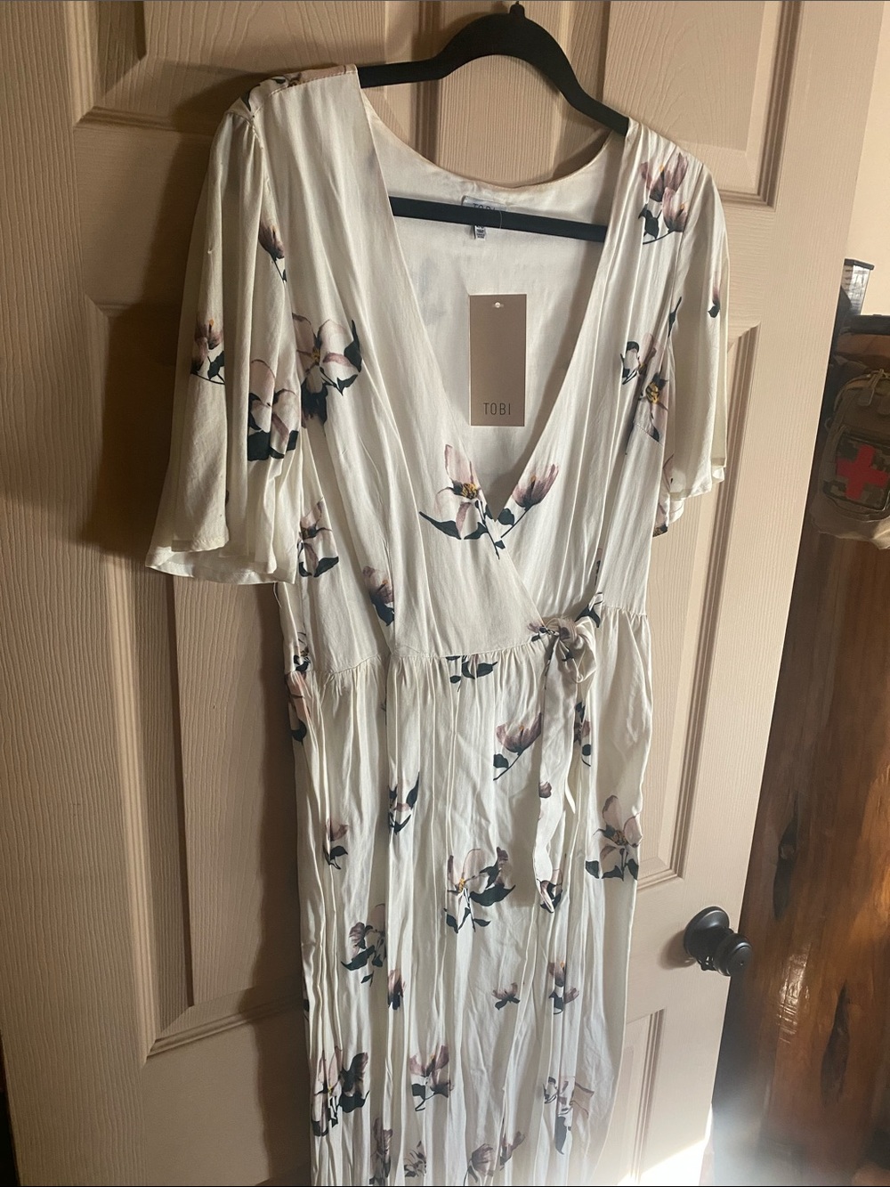 Tobi Cream Floral Wrap Maxi Dress with Pink Accents